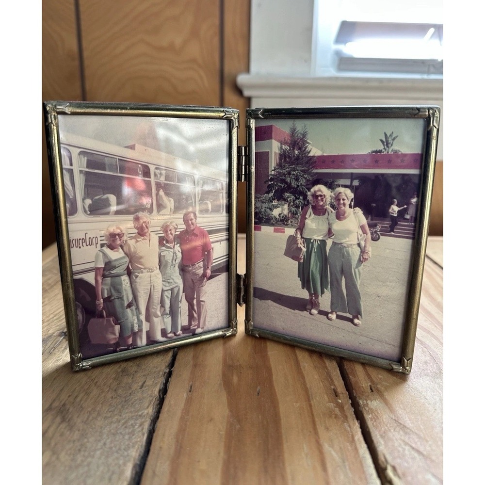 Vintage Bi Fold Double Metal Brass Tabletop/Wall Hanging Picture Frame 70s Photo